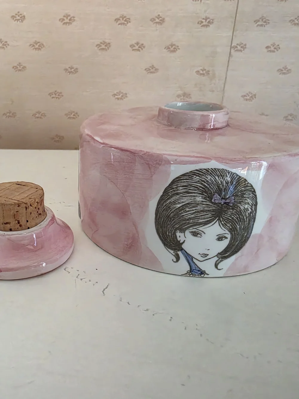 1950's-1960's Italian Pink Ceramic Decorative Jar with Illustrated Girl Accent